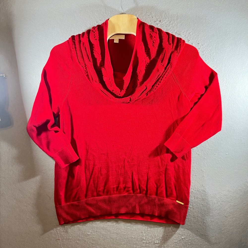 1198 | Michael Kors Red Cowl Neck Cable Knit Sweater Women 3X